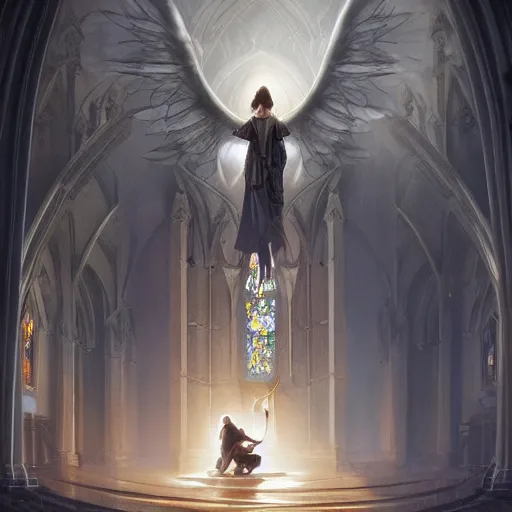 Image similar to angel protecting man who is praying inside a gothic church by Stanley Artgerm Lau, WLOP, Rossdraws, James Jean, Andrei Riabovitchev, Marc Simonetti, Yoshitaka Amano, ArtStation, CGSociety