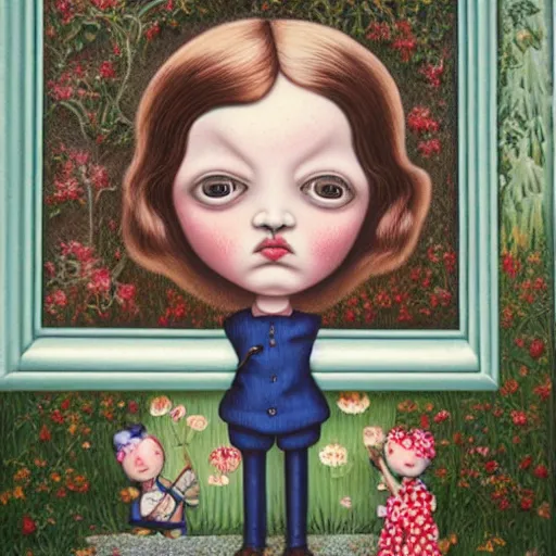 Prompt: a portrait of a character standing near a house by mark ryden