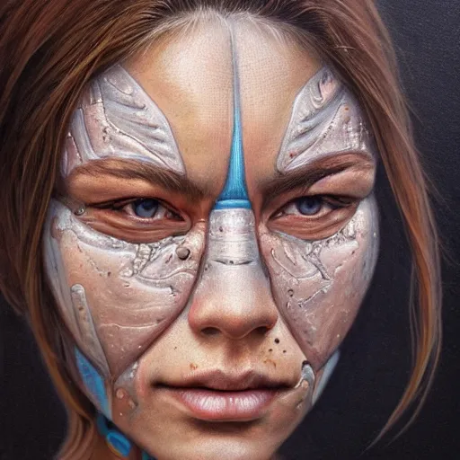 Prompt: Intricate five star Cyborg facial portrait by Anna Kullberg, Colored pencil on paper, high detail, skin texture, photo realistic, hyperrealism,matte finish, high contrast, 3d depth, masterpiece, vivid colors, artstationhd