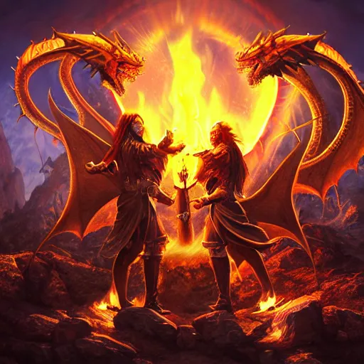 Image similar to power metal album cover, dragons bbq, fire, magic, fantasy epic legends stylized digital illustration radiating a glowing aura global illumination ray tracing hdr fanart arstation by ian pesty, 8 k