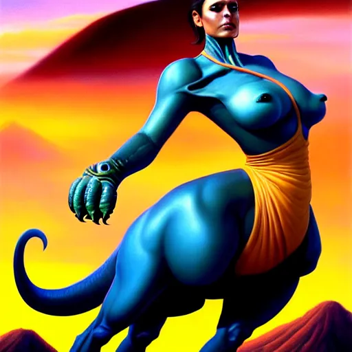 Image similar to portrait of an amazon girl riding a dinosaur, painted by stanley artgerm, volcanic landscape in the background by boris vallejo, fantasy art, sleek curves, sharp focus, trending on artstation hq, deviantart