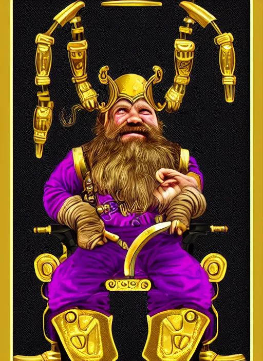 Image similar to dwarf fighter sitting in mechanical chair that has spider legs, gold and purple, exquisite details, black beard, white background, by studio muti