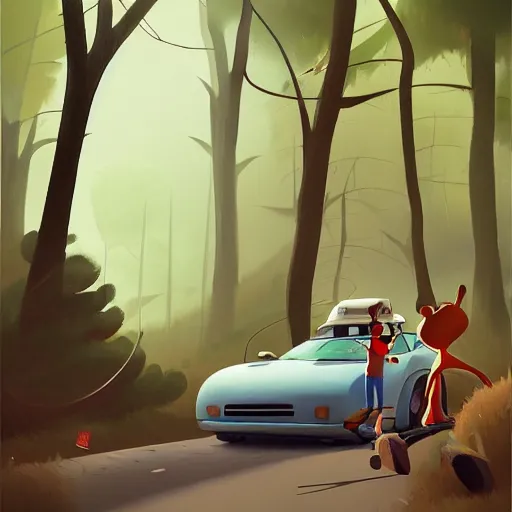 Image similar to goro fujita ilustration hikers parking the car in the forest, painting by goro fujita, sharp focus, highly detailed, artstation