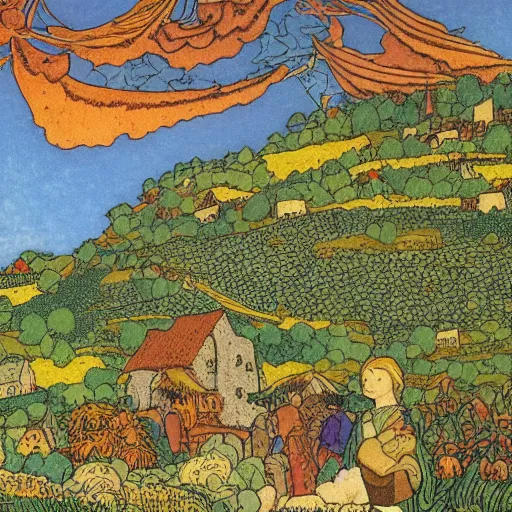 Image similar to detailed print of a landscape of a medieval village and crops by ivan bilibin and edmund dulac and ilya kuvshinov and katsuhiro otomo. full color scheme