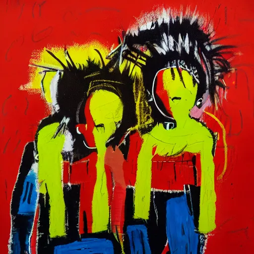 Image similar to a photograph of two girls holding hands while watching the world burn, done in the style of basquiat, akseli gallen kallela, highly detailed, 4 k