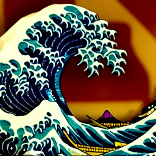 Prompt: carved diorama of the great wave off kanagawa made of marble with jade and gold insets