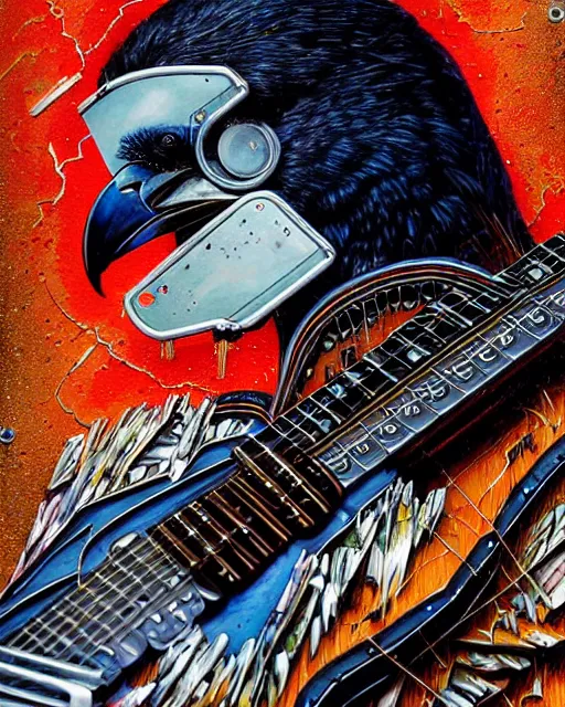 Prompt: a portrait of an anthropomorphic cyberpunk raven shredding an electric guitar as the guitar melts by sandra chevrier, by jon foster, detailed render, tape deck, epic composition, cybernetics, 4 k realistic, cryengine, realistic shaded lighting, sharp focus, masterpiece, by enki bilal