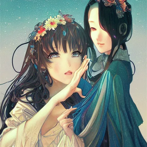 Prompt: two beautiful girls watching fireworks, digital art, painted by range murata, akiyuki shinbou, alphonse mucha, masamune shirow, josan gonzales, greg rutkowski makoto shinkai, highly detailed, realistic, cinematic, trending on pixiv fanbox