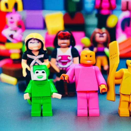 Image similar to 35mm photo of happy roblox figures, bright and fun colors