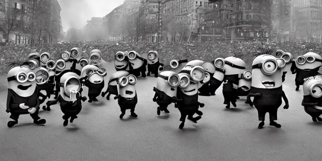 Image similar to minions from despicable me winning world war 2 and parading through berlin, hyper realistic, award winning photo, award winning, sharp focus, black and white