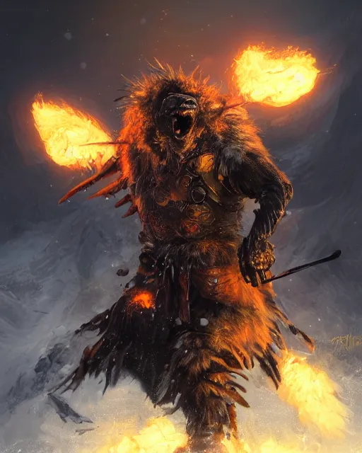 Image similar to oil painting of Angry Anthropomorphized Penguin Berserker, wearing fur armor, claws, sharp focus, attack pose, fantasy style, octane render, volumetric lighting, 8k high definition, by greg rutkowski, highly detailed, trending on art Station, magic the gathering artwork, burning Battlefield background, centered