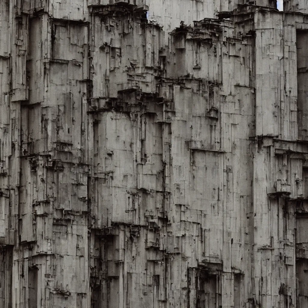 Prompt: close - up view of a tower covered by various different doors, bleached colours, moody cloudy sky, dystopia, mamiya, f 1. 8, very detailed, photographed by bruno barbey