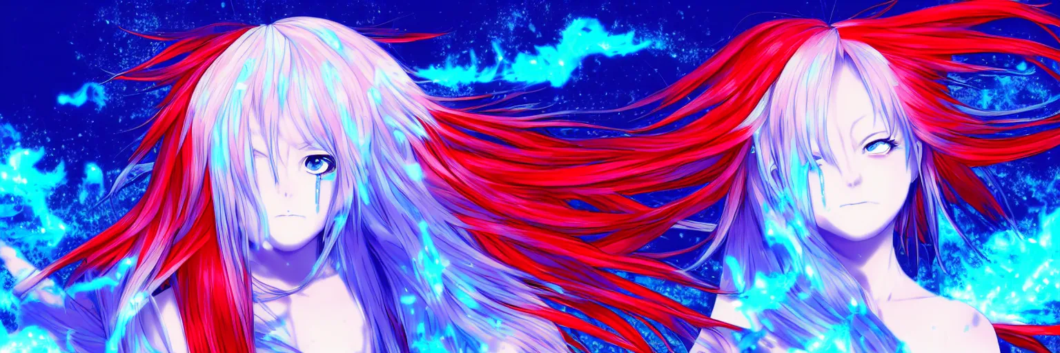 Image similar to glitched background, broken screen, advanced digital anime art, a very cute gorgeous teenage girl with a body made of fire and ice , full body, very long snow colored hair, sky blue highlights in hair, red fiery watery eyes, wearing a dress made of water, full round face, dramatic cinematic lighting, wideshot, highly intricately detailed, trending on pixiv, Artstation, painted by Rossdraws and the style of Sakimimichan