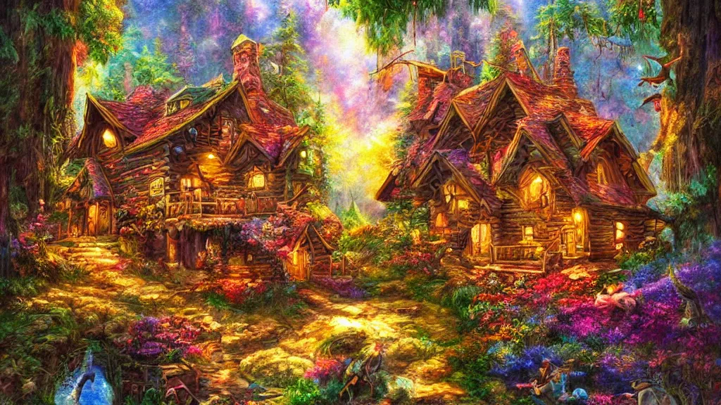 Prompt: Beautiful cabin in the woods” Beautiful Dreamscape, Digital art, concept art, detailed, lovely colors, Art station,3-D 4K, beautiful background, matte painting, Josephine wall,