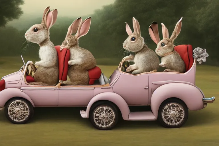 Prompt: highly detailed 3 - d, matte painting of a cute rabbits riding in a convertible car, by mark ryden, lowbrow, 8 k resolution.