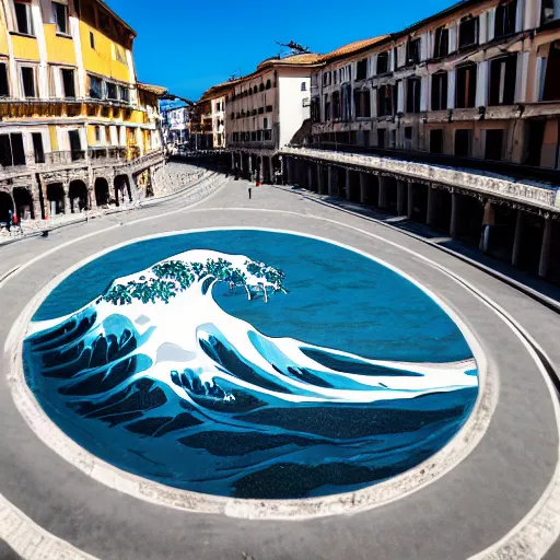 Prompt: A white and blue marble sculpture of The Great Wave off Kanagawa in the middle of an Italian piazza without people, midday, 4k photograph, sunny day, long shot, overhead view, far away