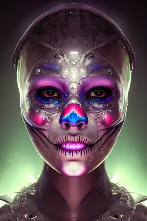 Image similar to ultra detailed, ethereal closeup photo of female android, flowerpunk, sharp focus, no blur, studio photo, floodlight, fantasy art, octane render, unreal engine, dia de los muertos, photorealistic concept art, triadic color scheme, art by artgerm and wlop and giger and greg rutkowski and alphonse mucha, 8 k