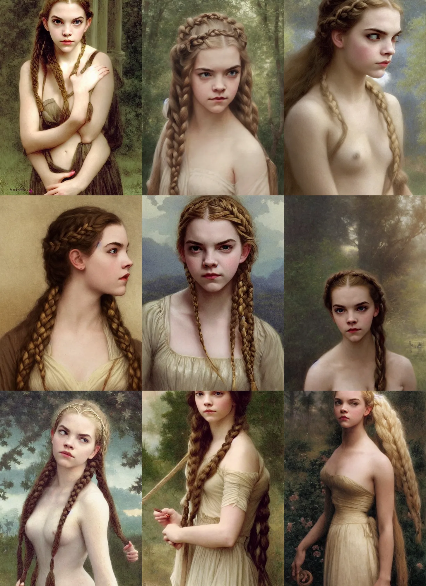 Prompt: anya taylor-joy, emma watson, pale, long blond braided hair, shining, illustration, bouguereau