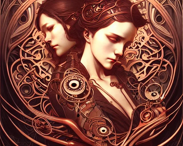 Prompt: Lovers with mechanical eyes, art nouveau, fantasy, intricate copper pipe designs, elegant, highly detailed, sharp focus, art by Artgerm and Greg Rutkowski and WLOP