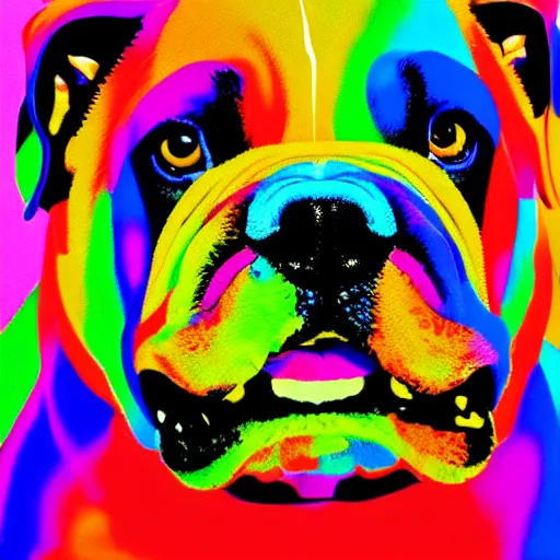 Image similar to rainbow excited smiling bulldog. pop art.