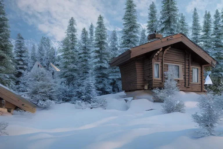 Image similar to futuristic cottage settlement with in the forest with Elbrus mountain covered by snow on the background, architecture, 3d render 8k , high details