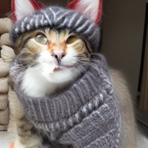 Image similar to cute cat with tongue photo wearing wool hat doing mlem cat ears