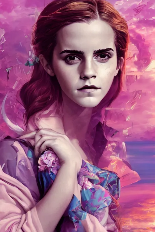 Image similar to emma watson portrait of a vaporwave girl in a cluttered 9 0 s bedroom, by artgerm, tom bagshaw, gerald brom, vaporwave!, vaporwave colors!, lo fi colors, lo fi, 4 k, hd,