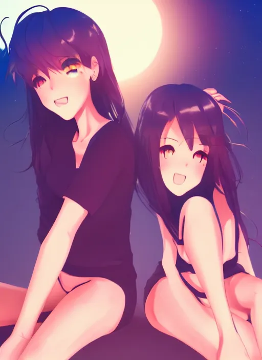 Image similar to two beautiful identical women sitting on a hot summer evening, gorgeous faces, thick lines, cinematic lighting, detailed anime art