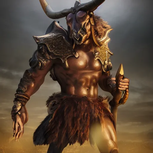 Image similar to a minotaur warrior is holding an axe, fantasy, illustration, concept art, natural light, cinema 4d render