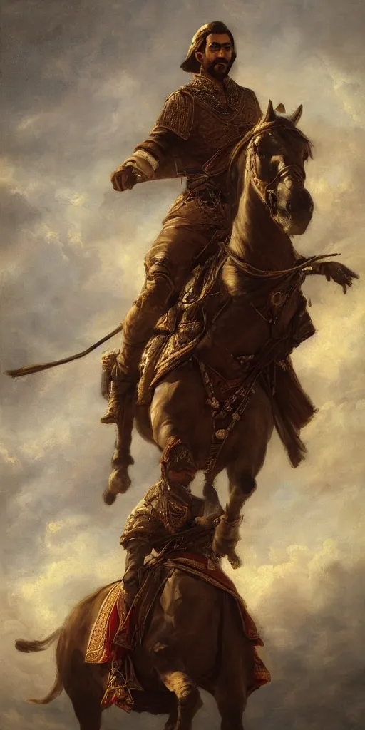 Image similar to Highly detailed and cinematic romantic period oil painting of an Arabian prince riding a rearing horse, beautifully lit and atmospheric, an oil painting masterpiece by Josep Tapiró Baró, RPG portrait, dynamic lighting, 8K