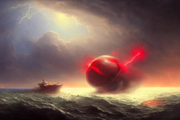 Image similar to A beautiful matte painting of huge spherical alien spaceship attacking with powerful red lasers Ship in ocean in thunderstorm by Greg Rutkowski and Ivan aivazovsky