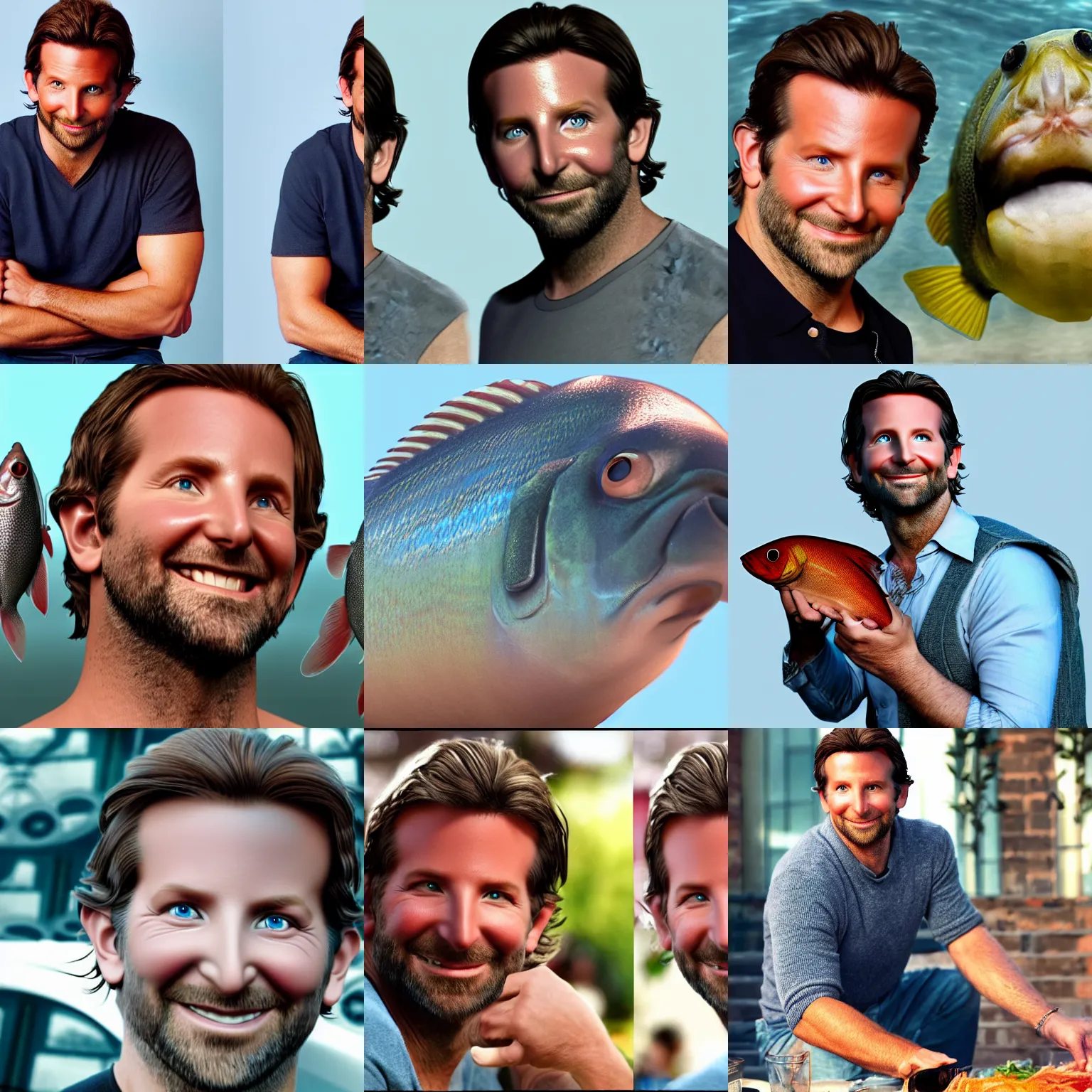 Prompt: mix betwen bradley cooper and a fish, blender, 4 k rendering