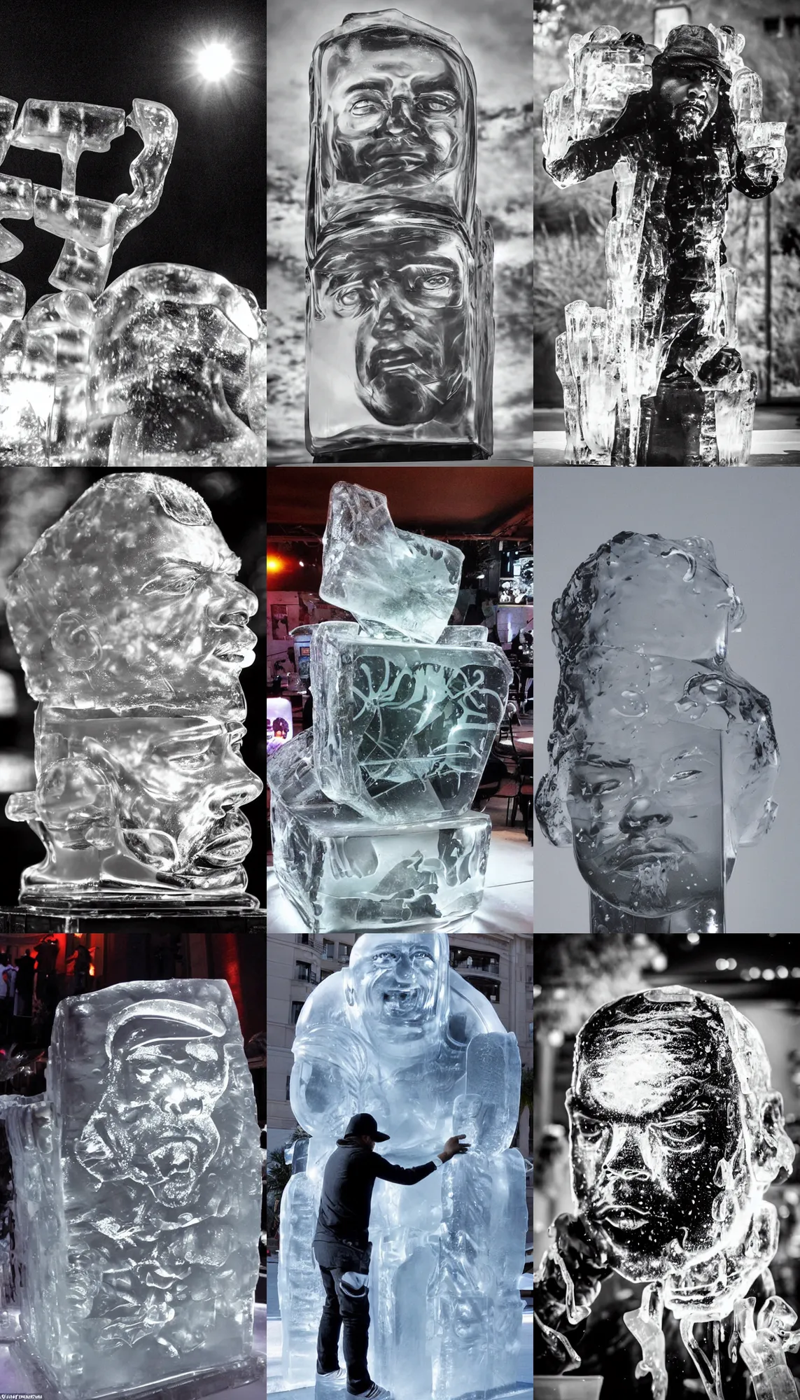 Prompt: dramatic photo, ice sculpture that looks like the rapper'ice cube'