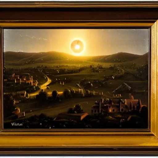 Prompt: dark solar eclipse, above a village, highly detailed, studio 4 k quality, by walter percy day