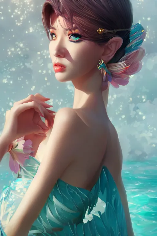 Image similar to a beautiful fashion goddness of love, chic strapless dress, tropical sea background, character design, in the style of artgerm, and wlop, cinematic lighting, hyperdetailed, 8 k realistic, symmetrical, global illumination, radiant light, frostbite 3 engine, cryengine, dof, trending on artstation, digital art