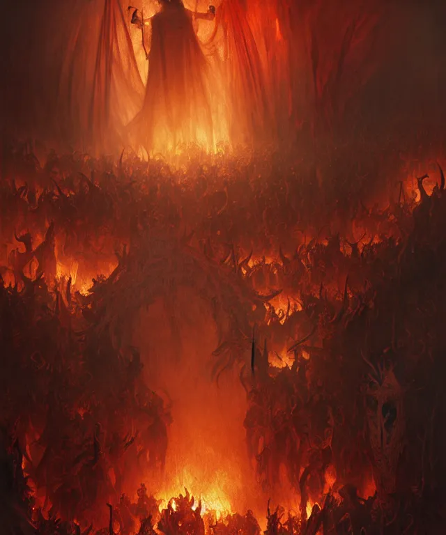 Prompt: Purgatory, fire in hell. A crowd of sinful people is burning in hell in hellfire. The gateway to the infernal underworld. Devils demons and ghouls torment sinful people, highly detailed, digital painting, artstation, concept art, smooth, sharp focus, illustration, art by artgerm and greg rutkowski and alphonse mucha