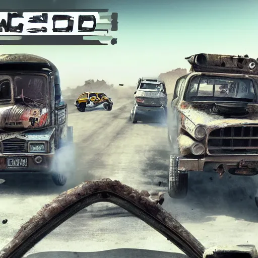 Image similar to a post apocalyptic car chase in the style of mad mad, low view, truck racing into camera