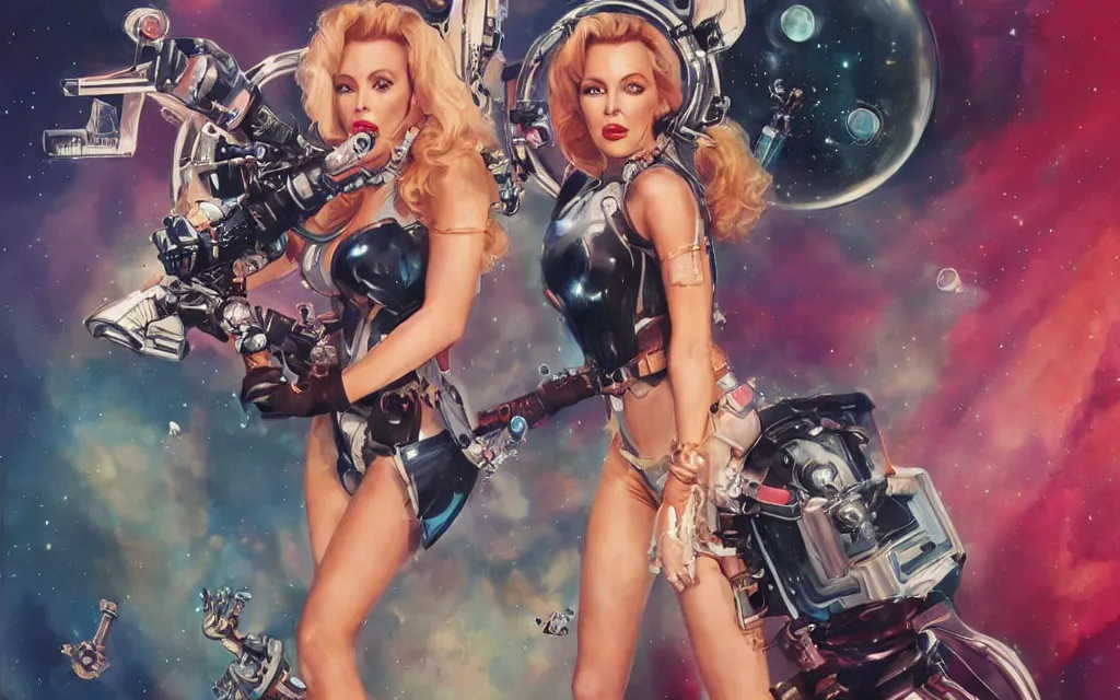 Prompt: kylie minogue as barbarella. floating through an airlock, holding a raygun. symmetrical. coherent. soft lighting. glamorous. sophisticated. hyper detailed painting. trending on artstation. cinematic.