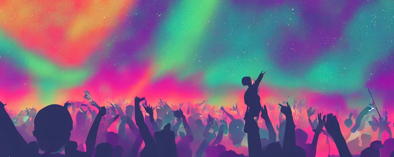 Prompt: rapping into microphone, silhouette, huge crowd, outrun, hip hop, digital art, Aurora borealis, trending on Artstation, professional artist, detailed, 4k