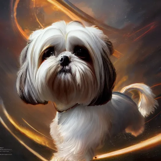 Image similar to Shih Tzu charging up to change into its final form, detailed, centered, digital painting, artstation, concept art, donato giancola, Joseph Christian Leyendecker, WLOP, Boris Vallejo, Breathtaking, 8k resolution, extremely detailed, beautiful, establishing shot, artistic, hyperrealistic, beautiful face, octane render, cinematic lighting, dramatic lighting, masterpiece