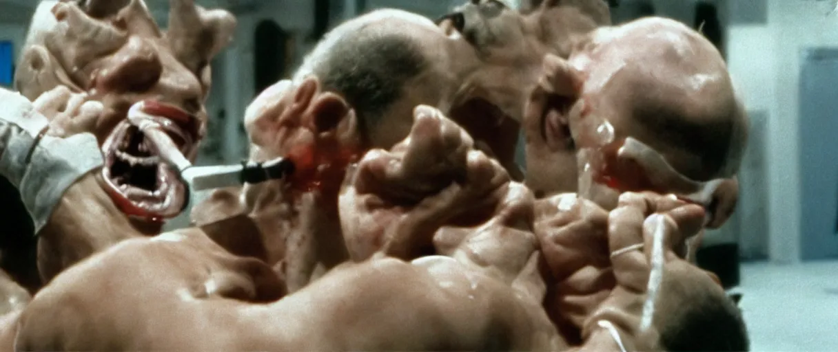 Prompt: ! dream extreme wide shot interior movie still 4 k hd interior 3 5 mm film full color photograph of man wearing a swimsuit attacking a soldier by sticking his hand into his mouth in a military research lab, in the style of the horror film the thing 1 9 8 2