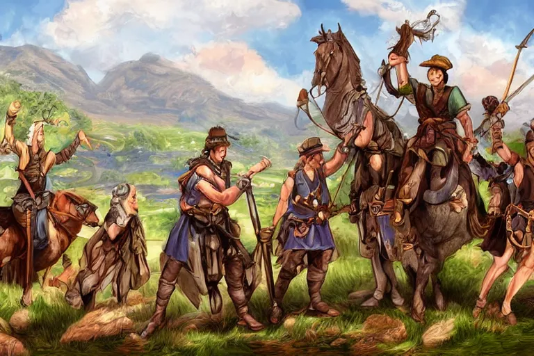 Image similar to a group of adventurers in the countryside getting ready for their first dungeon, digital art