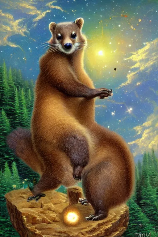 Prompt: giant pine marten in space holding a planet, digital art, trending on artstation, highly detailed, by Thomas Kinkade