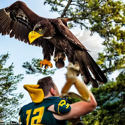 Prompt: cinematic photo of a giant eagle snatching away the oregon duck mascot with its talons. the eagle is lifting the duck into the sky. camera is looking up at the subject in the sky with fancy clouds behind