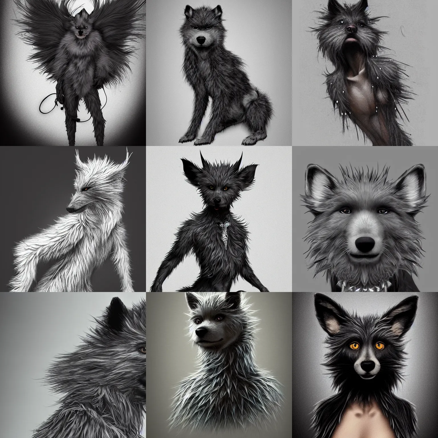 Image similar to a photograpic full body portrait of a anthropomorphic grey furry dog wearing casual black clothes, black spikey hair, grey skin, floppy ears, furry character, fursona, fantasy, intricate, elegant, highly detailed, digital painting, artstation, smooth, sharp focus, illustration, art by artgerm and H R Giger and alphonse mucha