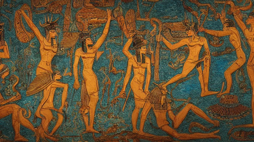 Image similar to epic masterpiece of Ancient Egypt aquatic origin mythos, cinematic, establishing shot, extremely high detail, oil painting, intricate line drawings, 8k resolution