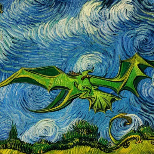 Prompt: Dragon flying above a green field in style of Van Gogh