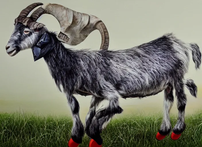 Image similar to a mixed media painting of a goat on roller blades, 4 k, ultra realistic, highly detailed, epic lighting