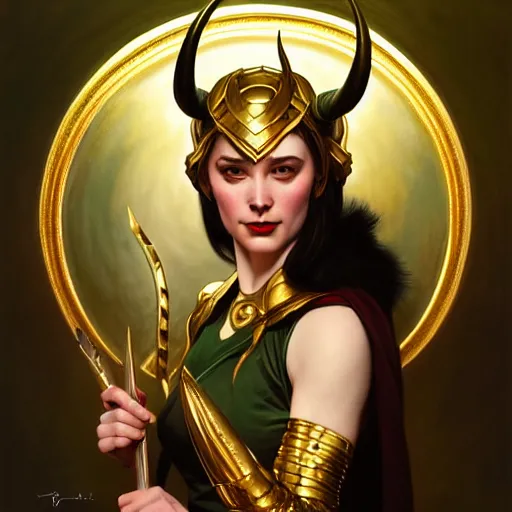 Prompt: of a female Loki with golden horned helmet, dark fantasy, medium shot, intricate, ornate, elegant, highly detailed, digital painting, volumetric light, artstation, concept art, smooth, sharp focus, illustration, art by Gil Elvgren and Greg Rutkowski and Alphonse Mucha