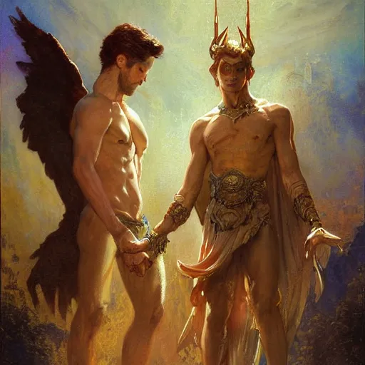 Prompt: attractive male deity casts dark spell, summoning handsome lucifer morningstar. highly detailed painting by gaston bussiere, craig mullins, j. c. leyendecker 8 k